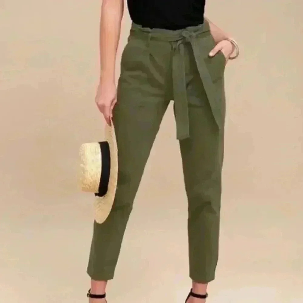 Lulus Women Olive Green Tie Waist High Rise Cropped Pants - Medium